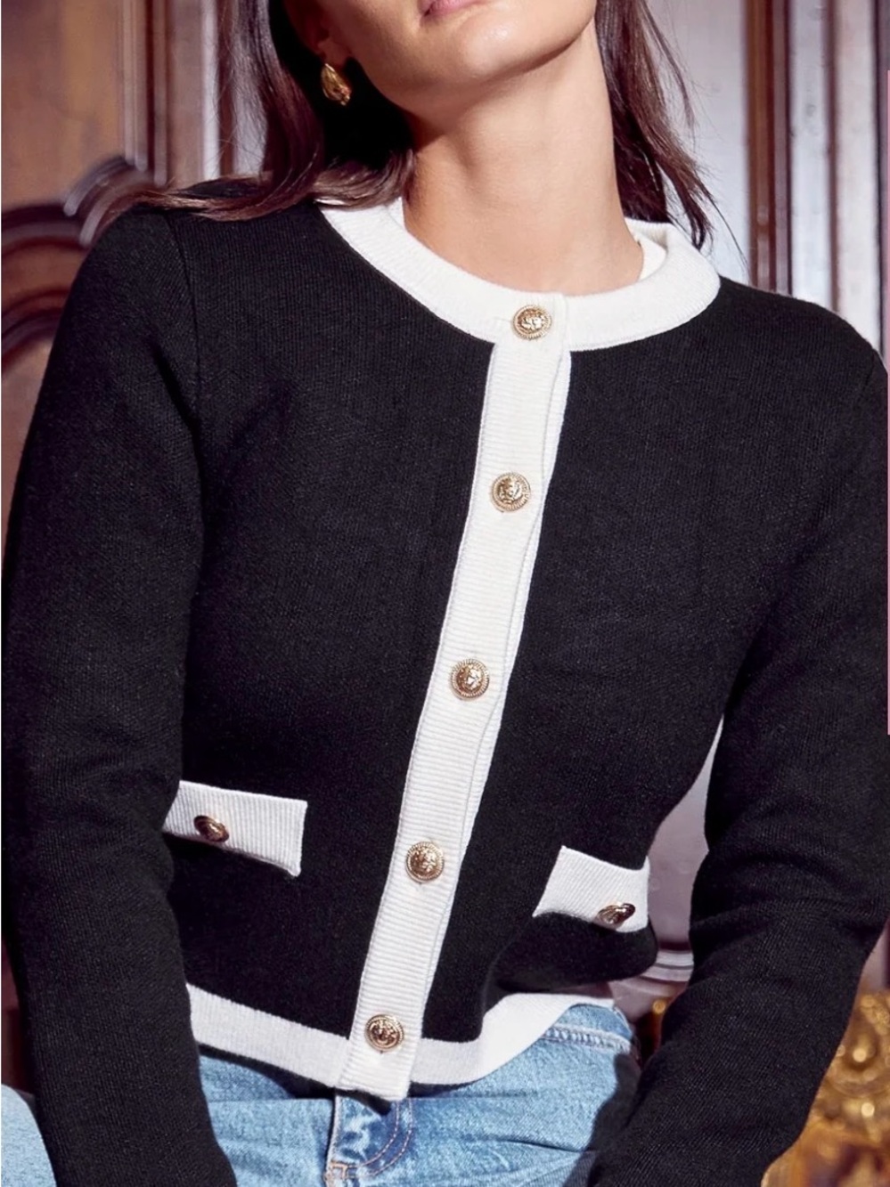 Greylin Black and White Contrast Trim Cardigan SZ Medium